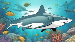 comic style, realistic coloring, underwater, coral reef, shark
