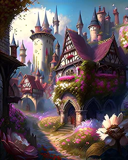 medieval fantasy castle town with flowers rpg art