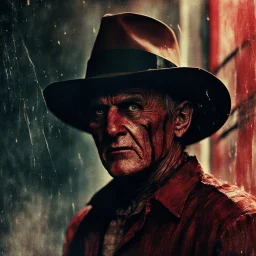 Freddy Krueger in Elm street [vintage style noisy scratches glitches, Shot the texture and then rewound the film and double exposed from a 1970 B series movie]