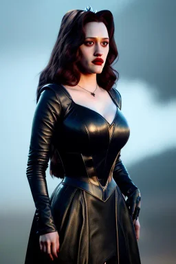 Kat Dennings as evil queen in black leather gown, cleavage, angry, stern look, unreal 5, octane render,cinema4d, dynamic lighting, dramatic lighting, 4k, redshift render, highly detailed, hyper realistic