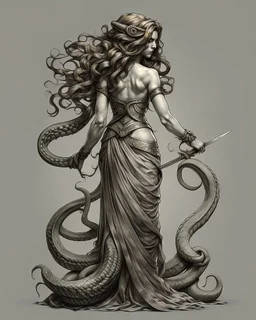 full-length, detailed persona, sword in hand, gorgon medusa, from the back, half-turn, full-length, leans on one leg, snakes on the head instead of hair