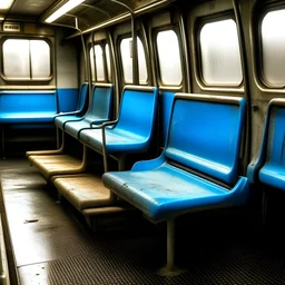 Très Vieux wagon de métro, sièges usés sol, usé en plastique bleu