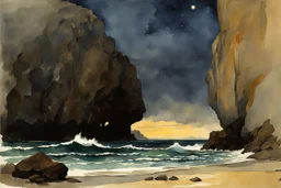 Night, rocks, cliffs, sci-fi, distant mountains, sea, waves, sand, seashore, epic, fantasy, winslow homer watercolor paintings