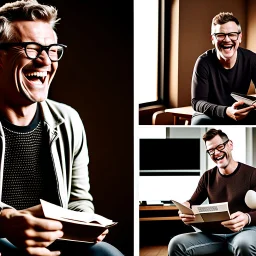 Photo montage of a middle-aged man with short hair. the image-1 shows him laughing in casual attire. image-2 portrays him reading a book in glasses and a sweater. image-3 captures him jogging in sportswear with determination. image-4 depicts him playing guitar in a relaxed environment