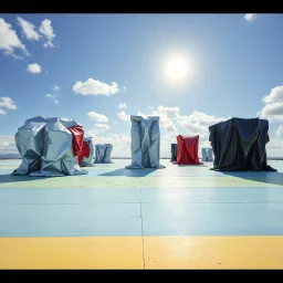 Fotografia di una superficie piatta di colore azzurro e verde chiaro e giallo pastello, su cui si ergono enormi strutture di forma indefinita, fatte di materiali vari, ricoperte da materiale plastico argentato, rosso, e nero. Max Ernst, René Magritte, Joan Miró, Amano, Piet Mondrian, paranoic, obsessive, nightmare, aria aperta, sole, nuvole, glossy, surreal, hasselblad h6d400c --ar 85:128 --v 6.