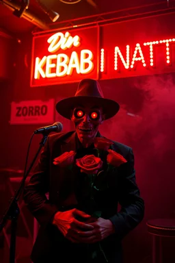 An spanish Guy with psychotic big eyes "Enrique" performing at dance club, his name is the stalker "Enrique" Red roses On stage, red Neon lights and smog, and "Din KEBAB I NATT" big sign on the wall, serenade under balcony, ZORRO vibes