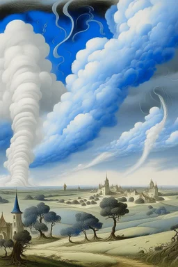 A white cloudy sky with tornadoes painted by the Limbourg brothers