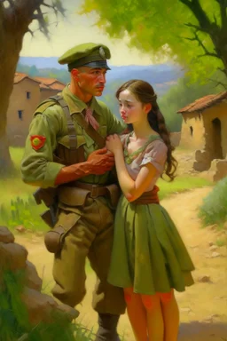 Oil painting of a soldier who fell in love with a very beautiful village girl