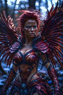 Fairy, crimson fairy wings , twisted rope red hairstyle, armor made of blood, huge girl, muscular female, hyperdetailed,looking at camera, full body, wide shot, detailed skin, film photography, vintage, perfect body, cinematic lighting, realistic, sharp focus, very detailed, 4K HQ, depth of field, f/1.2, Leica, 8K HDR, High contrast, shadows,