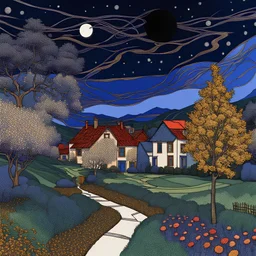 Colourful, peaceful, Egon Schiele, Max Ernst, Vincent Van Gogh, night sky filled with galaxies and stars, village, trees, flowers, one-line drawing, sharp focus, 8k, deep 3d field, intricate, ornate