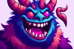 closeup of a smiling monster's face, big teeth, fur, bumps and horns, my pet monster inspiration, urban character design