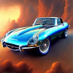 hyperrealism Drawing of 'Jaguar E-Type' three quarter frontal aerial view, by gaston bussiere, greg rutkowski, yoji shinkawa, yoshitaka amano, tsutomu nihei, donato giancola, tim hildebrandt,oil on canvas, cinematic composition,Sharp detail,extreme detail,fit full head inside picture,16k