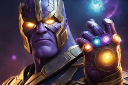 A sporty looking man with With a serious his face while holding Thanos' gantlet K's infinity gauntlet has six infinity stones