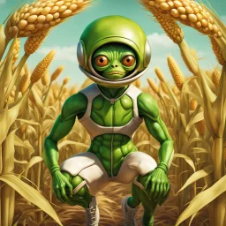 full body portrait of whimsical detailed photorealistic extra-terrestrial alien baseball player coming out of a cornfield, colorful whimsical quirky green bug-eyed Alien by Stanley Artgerm wearing baseball uniforms; hyperreal digital art, cinematic lighting : perfect anatomy : perfect gear : extraordinarily_detailed