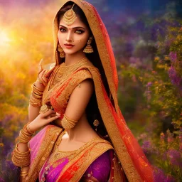 bright indian fairy, beautiful portrait, flowery landscape, light, sun