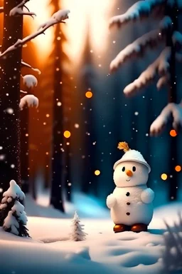 christmas time,snow, snowman ,a fir forest on the backround,24k,bokeh,fireflies