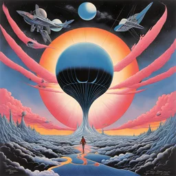 One of these days goodbye great blue gig in the sky!, by Gerald Scarfe, by Clifford Harper, surreal mindbending illustration, space opera solar winds, heavy dreamy colors, Pink Floyd aesthetics, cosmic drama, by Jim Burns, trippy album cover
