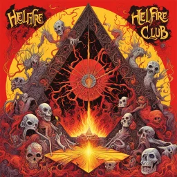 text "HELLFIRE CLUB", Wrap yourself in psychotropic ecstasy, surrealistic visions of electricity,, horror surrealism, hyperdetailed, maximalist, by Derek Riggs and Gerald Scarfe and Lisa Frank, Death metal album art, expressionism, symbolic art, warm red colors, Yellow tints, dynamic diagonal composition, sharp contrast, "HELLFIRE CLUB"