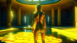 a woman in a yellow bikini standing in a pool, a digital rendering by Cedric Seaut (Keos Masons), cg society contest winner, photorealism, daz3d, vray tracing, vray