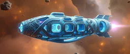 celtic knot hollow tube transparent core ornate indented space ship, shiny bright mega ship flourescent white blue like bubble gum with a few big windows and decks, interdimensional twister, rock against colored spaced fog, space interior. split tail, winged serpent, glowing aura