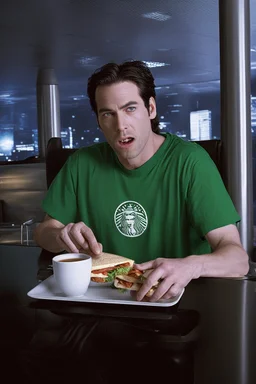 man eating sandwich in the matrix world with neo