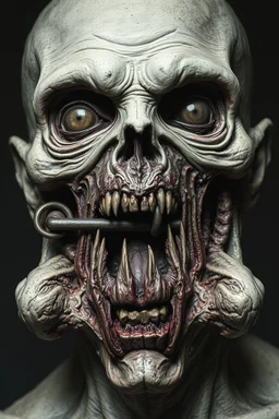 The face of a prisoner man with iron lucked on his mouth . Scary face , decayed and rotting with grotesque proportions and imagery. abstract grotesqueries, detailed texture, surreal horror, biomechanical design, by hr giger and beksinski