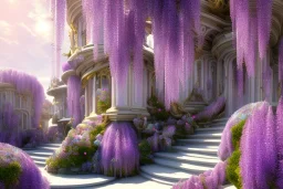 a magical crystal flower lys bougainvillier, arbor of pink wisteria, blue gold house crystal castle in wood of a lot of pink wisteria,blue lake,sun,white swanns,pink vertical, blue lake,sharp, vines, candlelit, endor, ornate, elegant, highly detailed, artstation, concept art, smooth, sharp focus, illustration, 8k, splash art, wallpaper, key visual