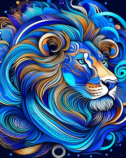 Illustration of a majestic lion, elegant design with swirling patterns and vibrant colors. Majestic presence of the lion accentuated by its golden mane and penetrating gaze. The background is a swirl of blues and purples. Rich colors give depth and dimension to the illustration, vector artwork