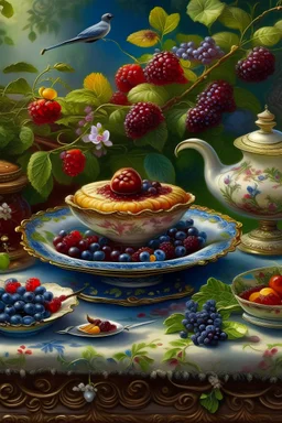 Very tasty berry and truffle cake, fragrant, jasmine tea in an ancient Porcelain cup, beautiful antique table, in the flower garden, sings a small, colorful bird, reflective eyes, double composition, 3d render, stunning landscape, Mackay style, many details, colorful, sharp colors, botanical style, perfect composition, perfect and charming masterpiece of oil painting, style of old masters, high contrast, hyperrealistic, natural lighting of flowers Vladimir Volegov William-Adolph Booger chrome st