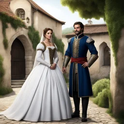 In a picturesque corner of a medieval village, the proud Count Rui Pereira poses alongside Eufémia, a lady of sharp wit and seductive gaze. United by a marriage of convenience, planned to strengthen alliances and enrich both houses, they present themselves as a perfect couple in the eyes of the court. However, behind the smiles and elegant gestures lie strategies, secrets, and ambitions. The scene, bathed in golden light and framed by stone and wood facades, captures the theatricality and charm