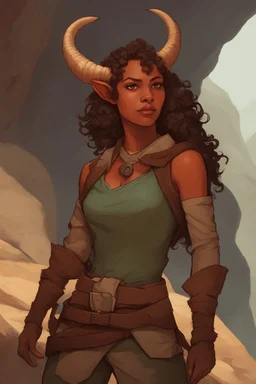 A DnD character. A female horned Tiefling ranger with pointy ears standing in a cave. The Tiefling has curly hair and a little pterosaurs on her shoulder.