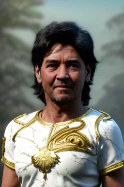 Ultra Realistic image, classic sculpture, white marble material, Maradona, gold laurel leaves crown, gold veins, gold ornaments, sun rays background, waist up portrait, epic, celestial, cinematic lighting, God lights, 4k resolution, smooth details, soft lighting, unreal engine 5, art station, substance 3d.