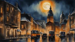 Watercolor painting of warm city morning | full moon" wet_wash watercolor_on_canvas 8k resolution nighttime cityscape sunrays | Splash_art architecture high angle | deep blue hues | intricately detailed matte watercolor liquid art painting hyperdetailed long exposure dynamic lighting 64 megapixels intricate details | HDR | beautiful | hyperrealistic | perfect composition, high contrast | cinematic, atmospheric | watercolor painting in Gouache_Style Watercolor | Museum Epic Impressionist Maximali