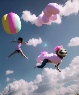 Ultra realistic speed clouds sky scene, wide angle view, sweet childs falling down, inflatable color clothing, free jumping flying, many trinkets, monster head, hair monster, many jelly beans, balls, smile, happy, circus style, extreme, wind, clouds sea, 20,000 feet altitude, stratosphere, soft color, highly detailed, unreal engine 5, ray tracing, RTX, lumen lighting, ultra detail, volumetric lighting, 3d, finely drawn, high definition, high resolution.