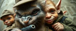 airbrush and pen outline, french art , extreme close up on cheeky fluffy weasel hairy goblin military prison guard troupe news anchor elf family scumbag , pinhole cam, airbrush 3d rendering, in the style of Titian and Rembrandt