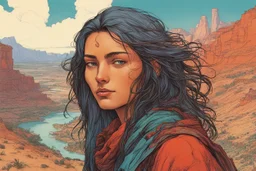 create an portrait of a nomadic shepherdess with highly detailed, delicate feminine facial features, inhabiting an ethereal tropical canyon land in the comic book style of Jean Giraud Moebius, David Hoskins, and Enki Bilal, precisely drawn, boldly inked, with vibrant colors