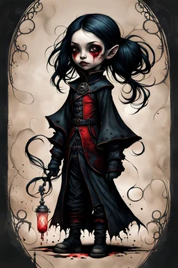create a highly ethereal, darkly magical full body portrait illustration of a lonely orphan goth vampire girl , with highly detailed and deeply cut facial features, in the the style of JEAN-BAPTISTE MONGE, searing lines and forceful strokes, precisely drawn, boldly inked, with vibrant colors