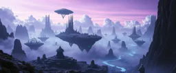 A strange alien world beneath a violet sky. Enormous black forests surround floating stone islands suspended above glowing rivers of mist. Ancient towers breathe clouds into the sky while soft blue lights move beneath the ground. A broker landing ship descends toward mysterious ruins where cloaked alien outcasts silently wait. Epic fantasy science fiction, cinematic landscape, highly detailed, beautiful lighting, surreal yet believable, concept art, 8k.