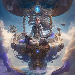 1girl, ((Cinematic)) ((photorealistic portrait)) of a skilled spellcaster sitting on a throne-like seat, surrounded by pulsating arcane symbols and intricate controls, ((on the deck)) of a majestic ((((flying)))) ((Spelljammer)) ((sailing ship floating on misty clouds in the sky)), navigating through a dreamlike realm of levitating islands and otherworldly landscapes. Positioned on the ship's deck, radiant colors, magical energy flowing from the spellcaster's hands, fueling the ship's flight.