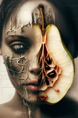 Grunge, woman as a decaying dried out Pear intricately showing its internal structure and seeds, cyberpunk, ultra unique natural textures, slight imperfections, vray.