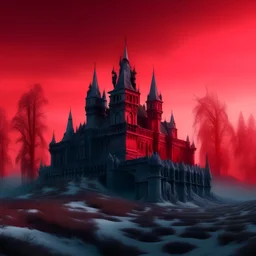 Gothic dark fantasy castle in ice with Red sky. A graveyard in the front