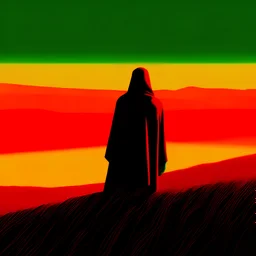 distant hooded figure. red gold and green landscape.