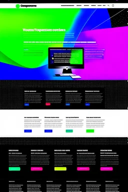 screenshot of a modern marketing agency landing page with navigation, photos and text on paper, colorful, many details, dark ambience, 8k