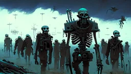 (Bio-engineered undead skeleton machine army) marching, (menacing), glowing eyes, tactical wear, gas masks, dark winter landscape, techno gothic aesthetic, epic, science fiction painting, (Denis Sarazhin, Alex Colville, Simon Stålenhag, Neil Blomkamp, Christopher Shy, Alejandro Burdisio, Yoji Shinkawa, ominous sky), RAW, gritty, high contrast, atmospheric horror art, vivid, neon overlay, harsh textures, dramatic, surreal horror, retro futuristic, nightmarish art, apocalyptic, atypical art