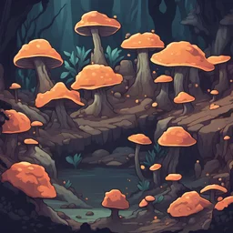 Barrow Trench is a deep delve filled with exotic fungus some are luminant, in Flat Design art style