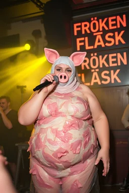 a very fat swedish girl, with skin colored ski mask called "Fröken Fläsk" performing at dance club, her name is "Fröken Fläsk" piglets On stage, yellow Neon lights and smog, and "FRÖKEN FLÄSK" big sign on the wall, she is covered all the body with pork slices, bacon all over her, singing with mike