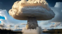 Siberia scenery,taiga forest, consisting of tall trees and dense vegetation, a mushroom-shaped cloud rises into the sky. The cloud is depicted as a massive column of smoke, dust, and debris, ascending vertically and spreading out at the top, forming a distinctive mushroom-like shape, high resolution photo 24K, high quality, ultraHD, cinematic lighting,