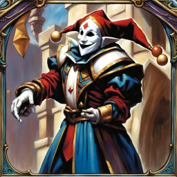 fantasy 90's tcg art jester with white mask happy heroic