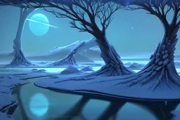 Ice blocks near one tree, night, lagoon reflection, sci-fi, epic,