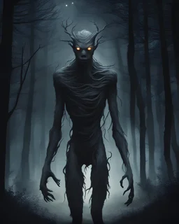 dedans les bois la nuit forme humanoïde, peaux humaine nuit nuit grand fin monstre migre